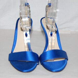 $695❤️38/8 ITALY ALEVI MILANO Blue Satin Leather Crystal High Heels Sandals